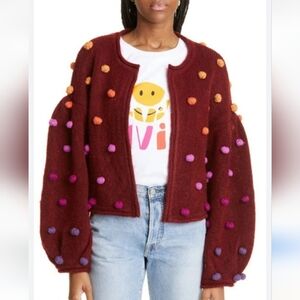 FARM RIO Rainbow Dots Balloon Sleeve Burgundy Knit Open Front Cardigan S SRP$245